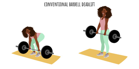 Young woman doing conventional barbell deadlift