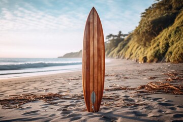 Photo of a classic wooden surfboard on a beach. Generative AI - obrazy, fototapety, plakaty