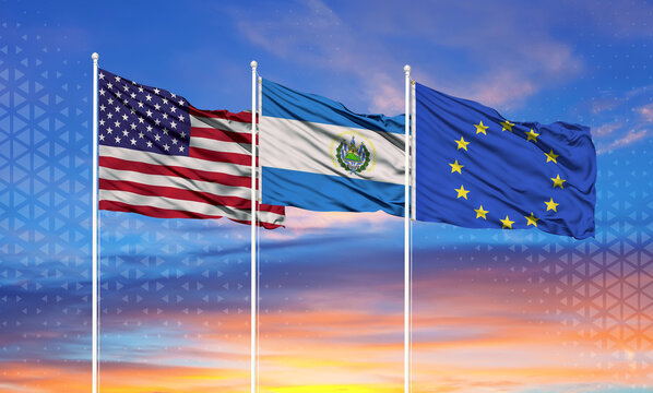 Three realistic flags of European Union, United States and Salvador on flagpoles and blue sky