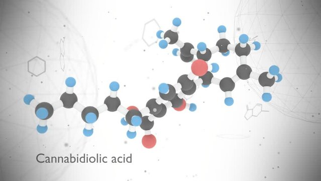 Cannabidiolic acid or CBDA molecular structural chemical model. Futuristic science backdrop. Pharmacology concept