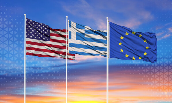 Three realistic flags of European Union, United States and Greece on flagpoles and blue sky