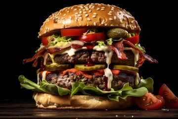 Photo of a mouthwatering American hamburger with all the fixings on a spotless white countertop....