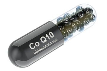 Coenzyme Q10 ubidecarenone capsule, 3D rendering isolated on transparent background