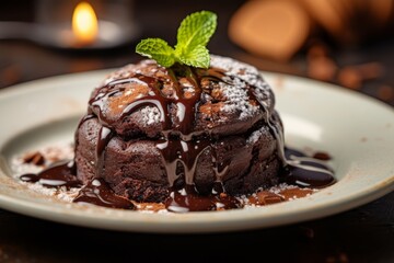 Photo of a mouthwatering chocolate lava cake with a gooey center. Generative AI