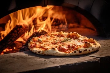 Foto op Canvas Photo of a pizza being pulled out of a wood-fired oven. Generative AI © Aditya