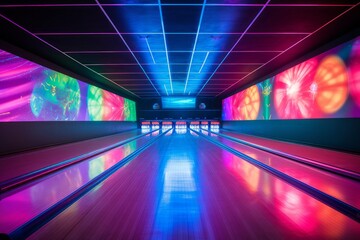 Photo of a retro bowling alley with neon lights. Generative AI - obrazy, fototapety, plakaty