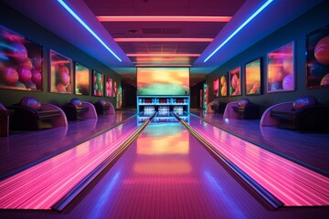 Photo of a retro bowling alley with neon lights. Generative AI - obrazy, fototapety, plakaty