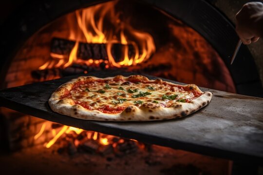 Photo of a pizza being pulled out of a wood-fired oven. Generative AI