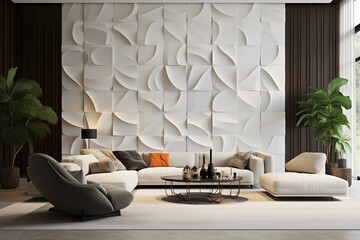 A contemporary living room with a 3D intricate pattern on the main wall, blending seamlessly with the room's modern aesthetic,