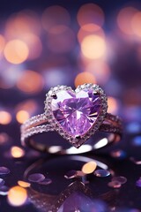 vertical closeup silver ring with a large heart shaped gemstone on a blurred background