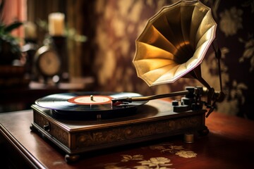 Photo of a vintage phonograph playing a vinyl record. Generative AI - obrazy, fototapety, plakaty