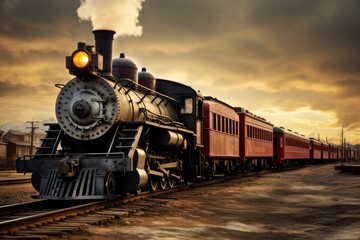Photo of a vintage train locomotive on tracks. Generative AI - Powered by Adobe