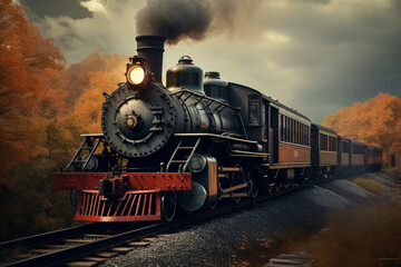 Photo of a vintage train locomotive on tracks. Generative AI - obrazy, fototapety, plakaty