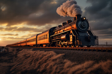 Photo of a vintage train locomotive on tracks. Generative AI - obrazy, fototapety, plakaty