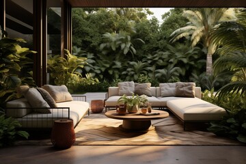 Fototapeta na wymiar A contemporary outdoor lounge area with designer furniture, surrounded by lush greenery, creating a stylish and relaxing retreat in a modern backyard.
