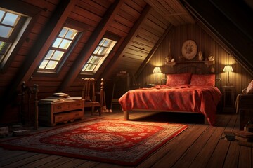 A cozy attic bedroom with slanted ceilings, featuring a 3D intricate pattern in cherry red on the quilt, warm wooden floors, and skylights