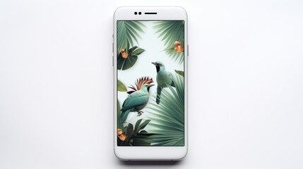 Sleek, modern smartphone displaying a vibrant wallpaper, positioned centrally on a pure white background.