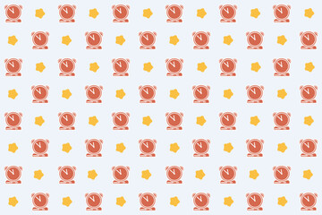 seamless pattern of red and yellow icons on a white background. The icons are of a watch and a star
