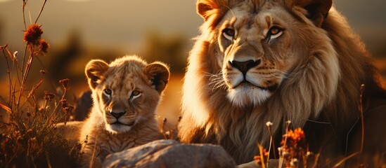Adult lion with cub lying on a hill - obrazy, fototapety, plakaty