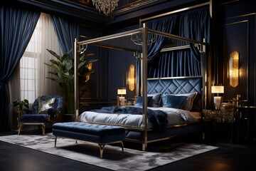 A bedroom with a bold color scheme of indigo and gold, featuring a canopy bed, velvet accents, and metallic details for a regal aesthetic.