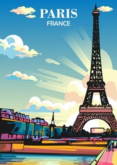 Travel Poster Paris France with Eiffel Tower background