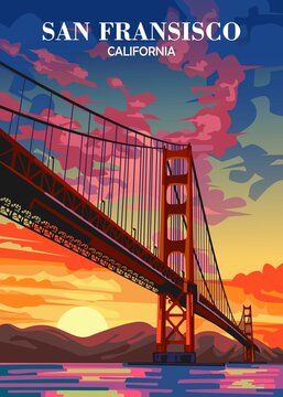 Travel Poster San Fransisco California with Golden Gate Bridge background