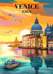 Travel Poster Venice Italy with Basilika Santo Markus background