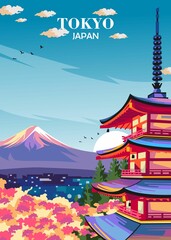 Travel Poster Tokyo Japan with Toji temple background