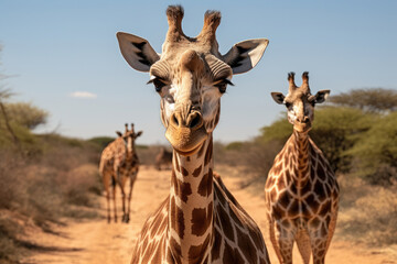 Close-up of a curious giraffe with two others in the background, trekking through a sunlit African savannah.