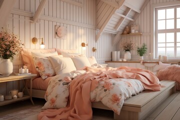 A cozy cottage-style bedroom with a 3D intricate pattern in soft peach on the quilt, quaint decor, and a homely feel