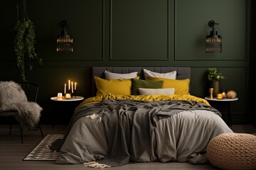 A cozy, elegant bedroom with dark olive green walls and a 3D intricate pattern in yellow on the throw blankets and cushions