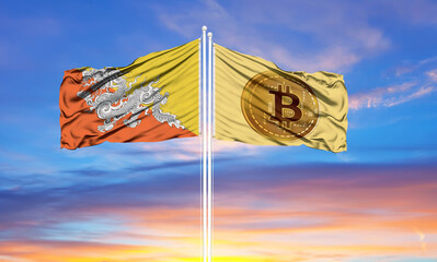 Bitcoin and Bhutan two flags on flagpoles and blue sky.