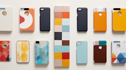 Smartphone surrounded by a range of colorful interchangeable covers, all laid out against a white studio backdrop. - obrazy, fototapety, plakaty