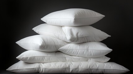 Soft bed pillows stacked, their fluffiness contrasting the white.