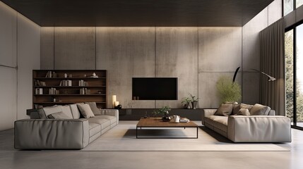 Design of stylish modern apartments. Bright living room in a mixed loft style with panoramic windows and skyscrapers outside the window.