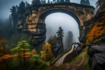 Dekokissen **misty foggy landscape of the  pravcicka gate (pravcicka brana) the largest natural sandstone arch in europe in czech switzerland (bohemian switzerland or ceske svycarsko) national park © Mazhar
