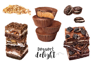 Watercolor illustration of sweet dessert close up. Design template for packaging, menu, postcards.