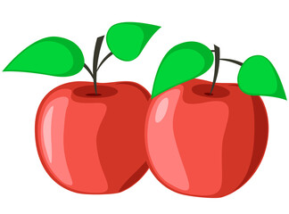 Two red apples with leaves on white background
