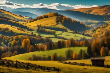 rural area of carpathian mountains in autumn. wonderful panorama of borzhava mountains is dappied light observed from podobovets village. agricultural - obrazy, fototapety, plakaty