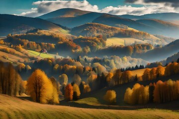 **rural area of carpathian mountains in autumn. wonderful panorama of borzhava mountains is dappied light observed from podobovets village. agricultural