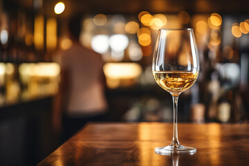 close up of a glas of white wine with blurred Bartender and bar in the back with empty copy space