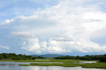 Blue sky background with clouds.