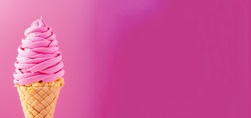 Ice cream on pink background with copy space, banner with free space. Generative AI