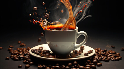 A captivating high-speed shot of coffee splashing out of a white cup, surrounded by scattered roasted beans against a dark background.
