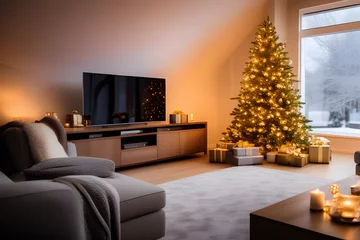 Foto op Plexiglas A cosy living room is home to a brightly illuminated Christmas tree, festooned with festive ornaments and dazzling lights. Gifts tuck under, and a warm warmth emanates from the fireplace. With the hel © Madusha