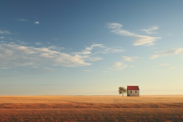 Fototapeta premium a minimalist little house in a vast meadow dreamy landscape, light tone