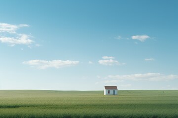 a minimalist little house in a vast meadow dreamy landscape, light tone