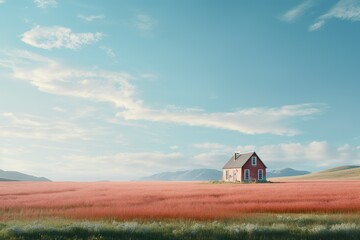 a minimalist little house in a vast meadow dreamy landscape, light tone
