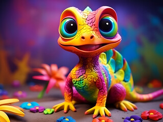 cute rainbow little baby  lizard with big eyes and wings