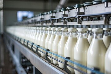 filled milk bottle in a dairy factory - obrazy, fototapety, plakaty